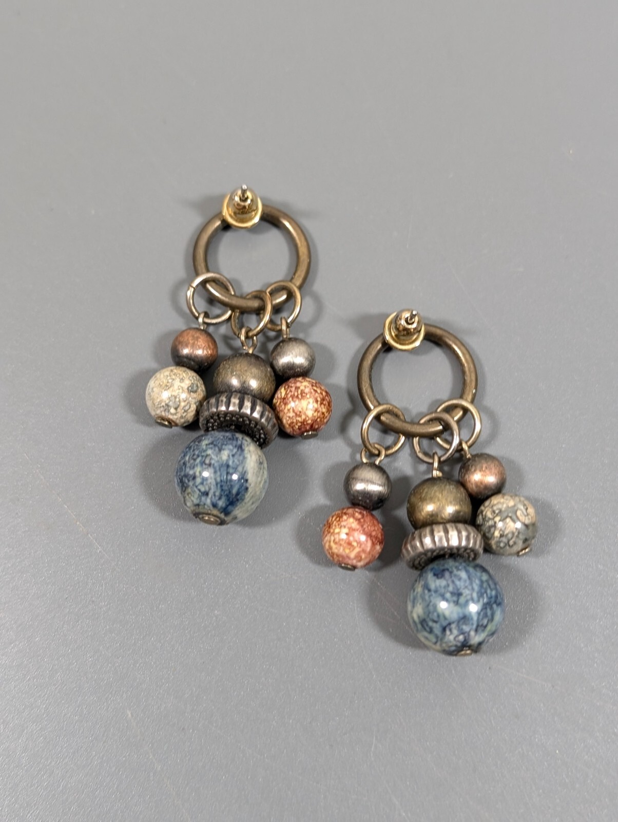 Bronze Tone Blue Bead Cluster Dangle Earrings Tribal Boho Western Retro