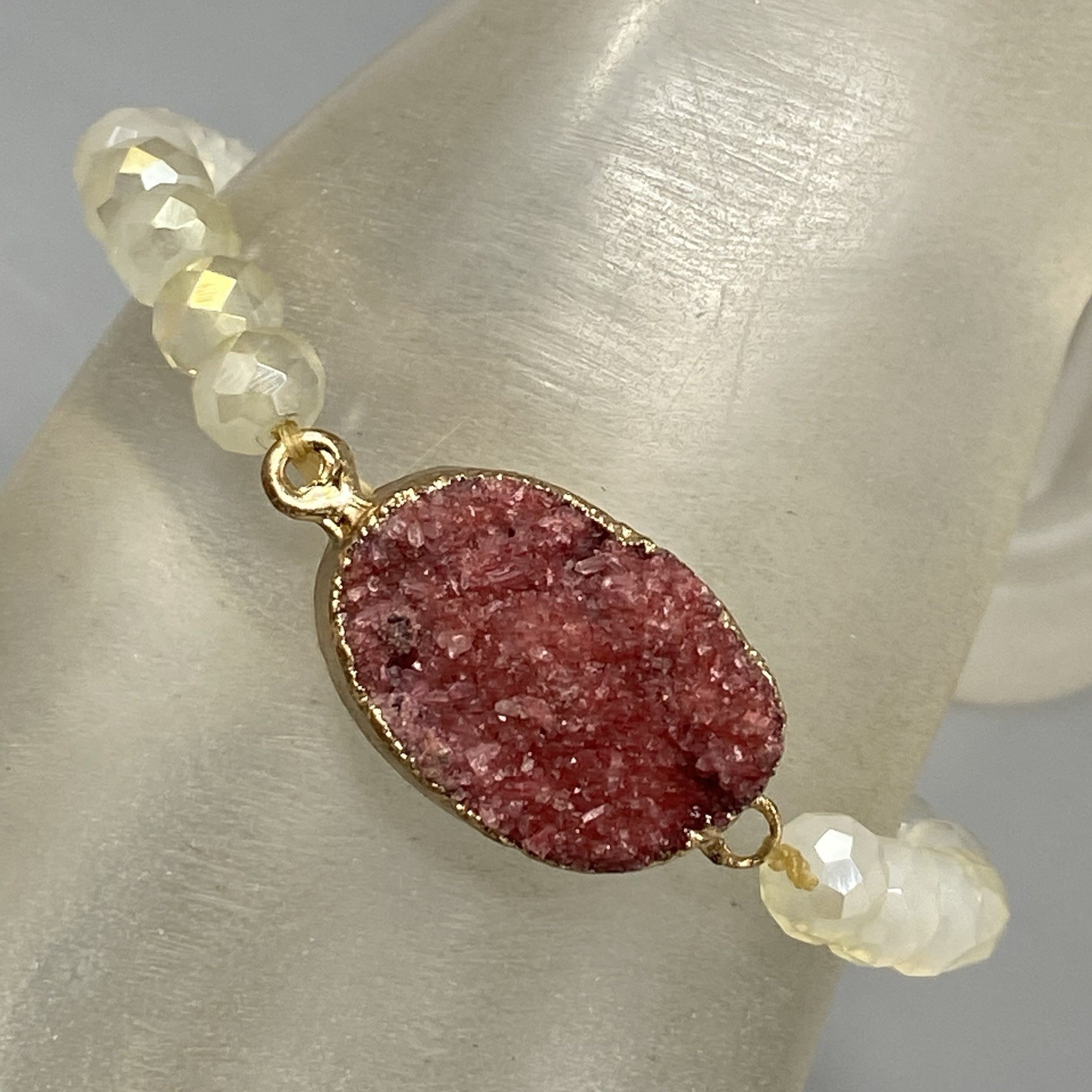Druzy Stone Bracelet Cream Iridescent Fire Polish Faceted Pink Stone Stretch 6.5