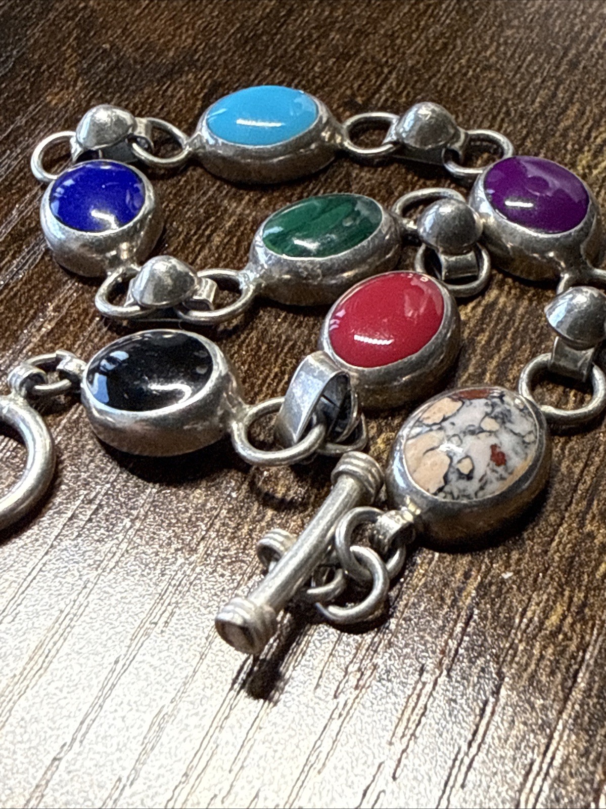 ATI Mexico Bracelet Link Multicolor Multi-Stone Handmade 8.5”Sterling Silver 925