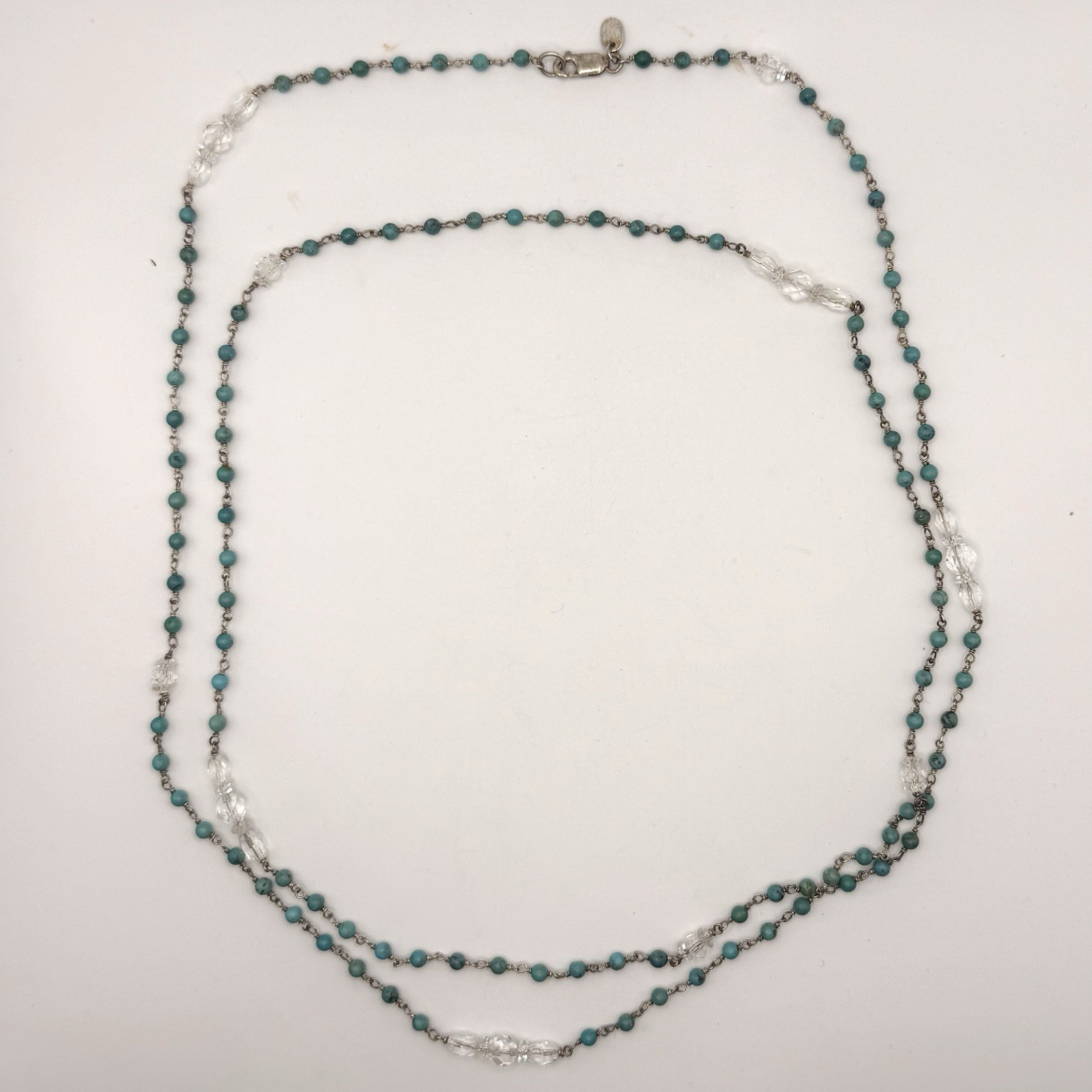 Vintage Sterling Turquoise Quartz Crystal Long Necklace 44” Artisan