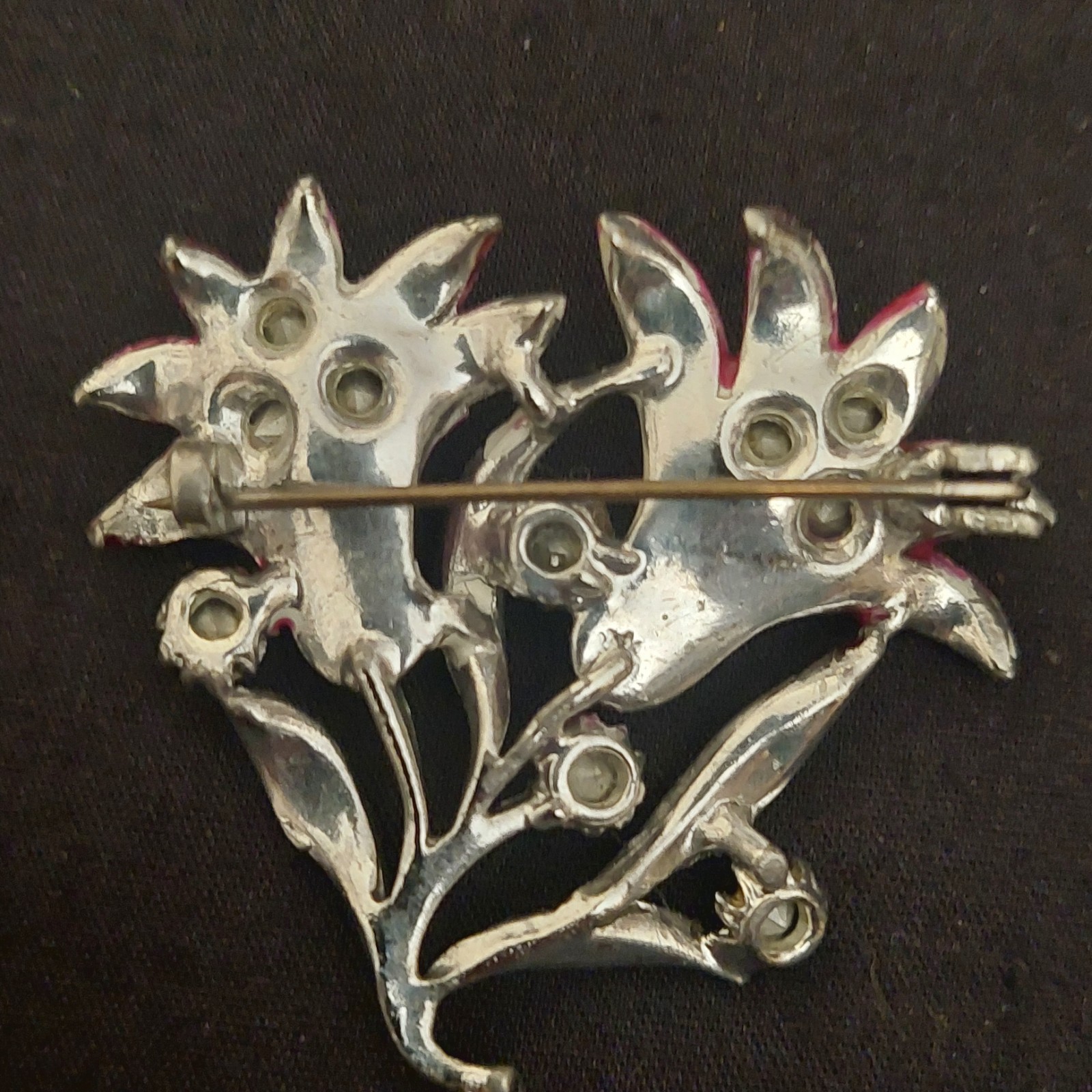 Vintage British Pink Green Guilloche Enamel Lily Rhinestones Flower Brooch
