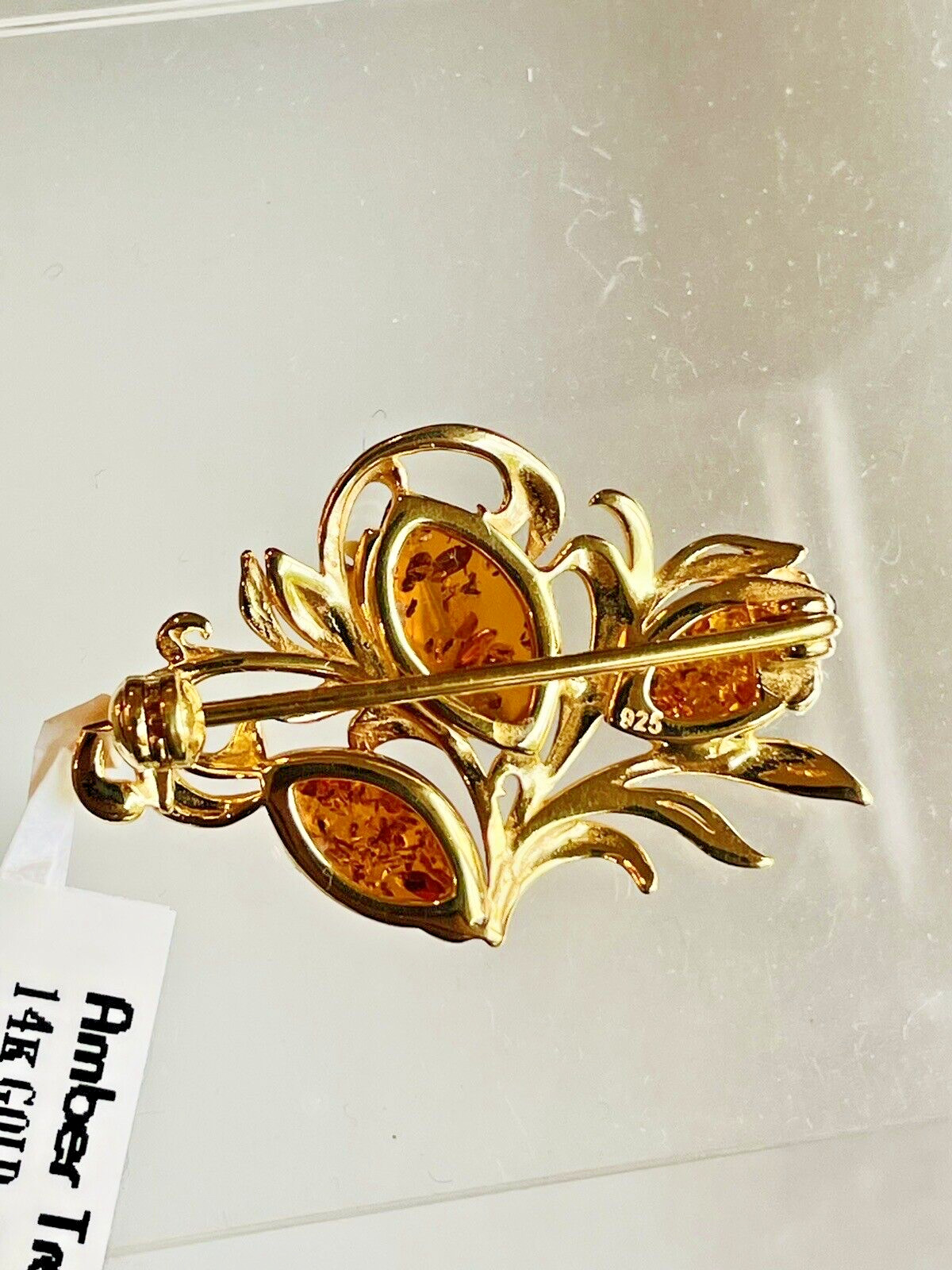 Genuine 14K Gold Filled Gilded Baltic Honey Cognac Amber Color Pin Brooch 925*
