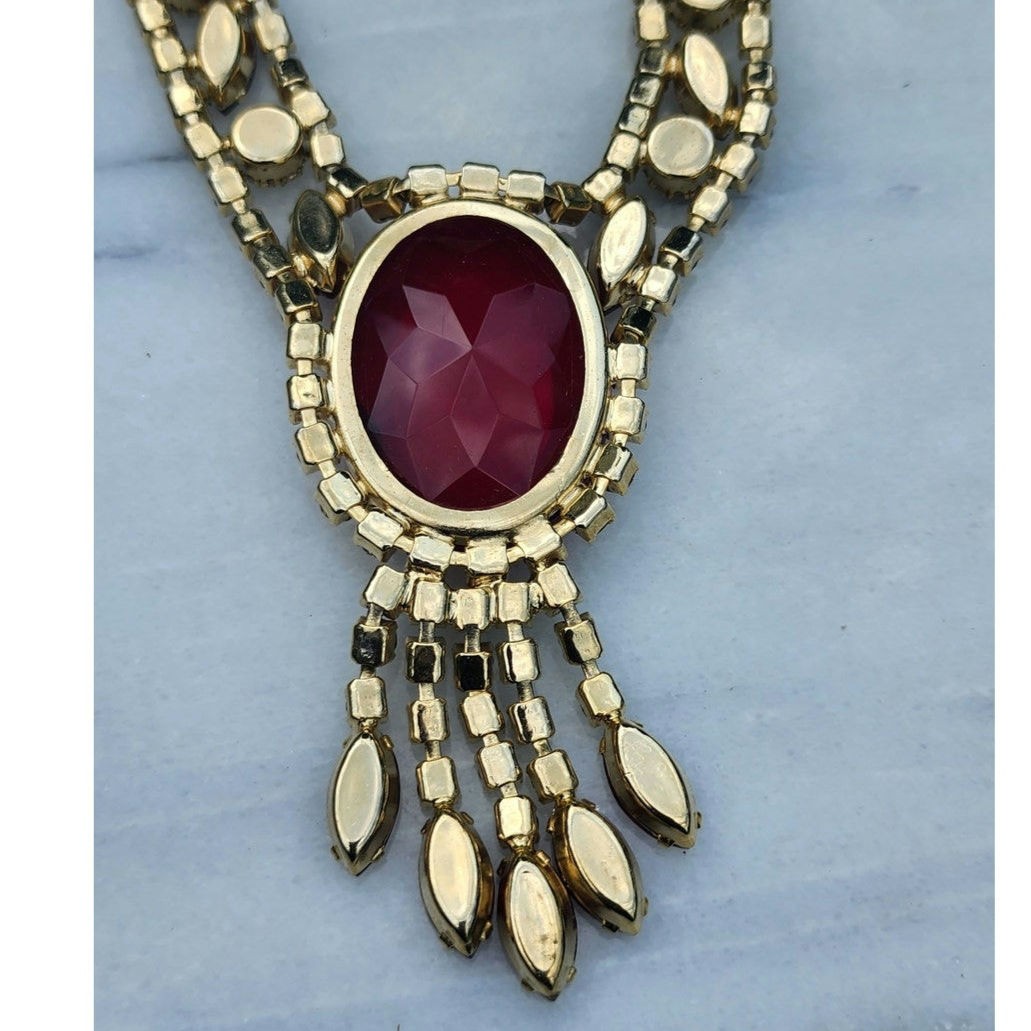 Rare Juliana DeLizza And Elster Red Rhinestone Necklace and Earrings Set