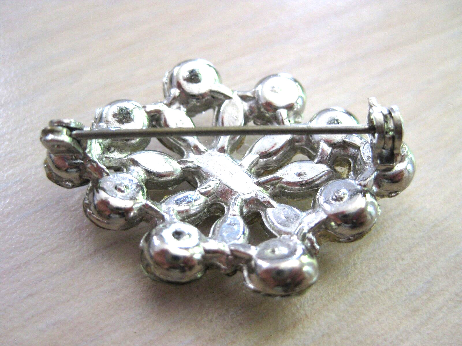 Estate Costume White Rhinestone Emerald Marquise and Round Cut Pin Silver Tone