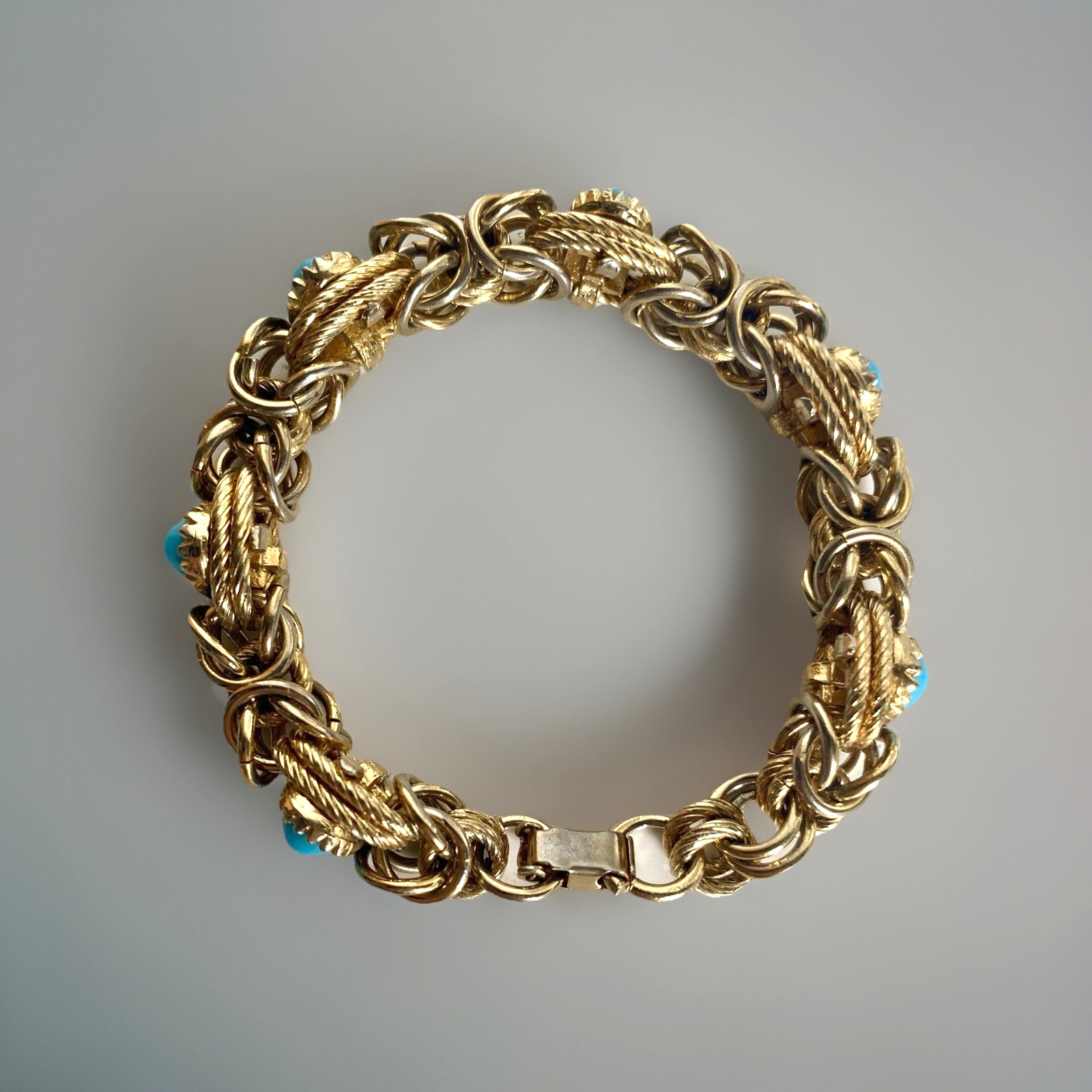 Small Vintage Gold Tone Byzantine Style Faux Turquoise Link Bracelet 6-1/4″ Long