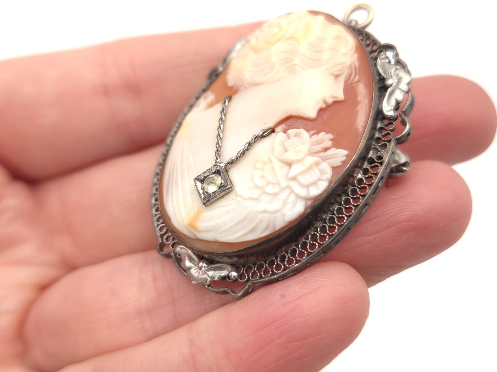 Art Deco Sterling Silver Carved Shell Habille Cameo Paste Stone Brooch Pendant