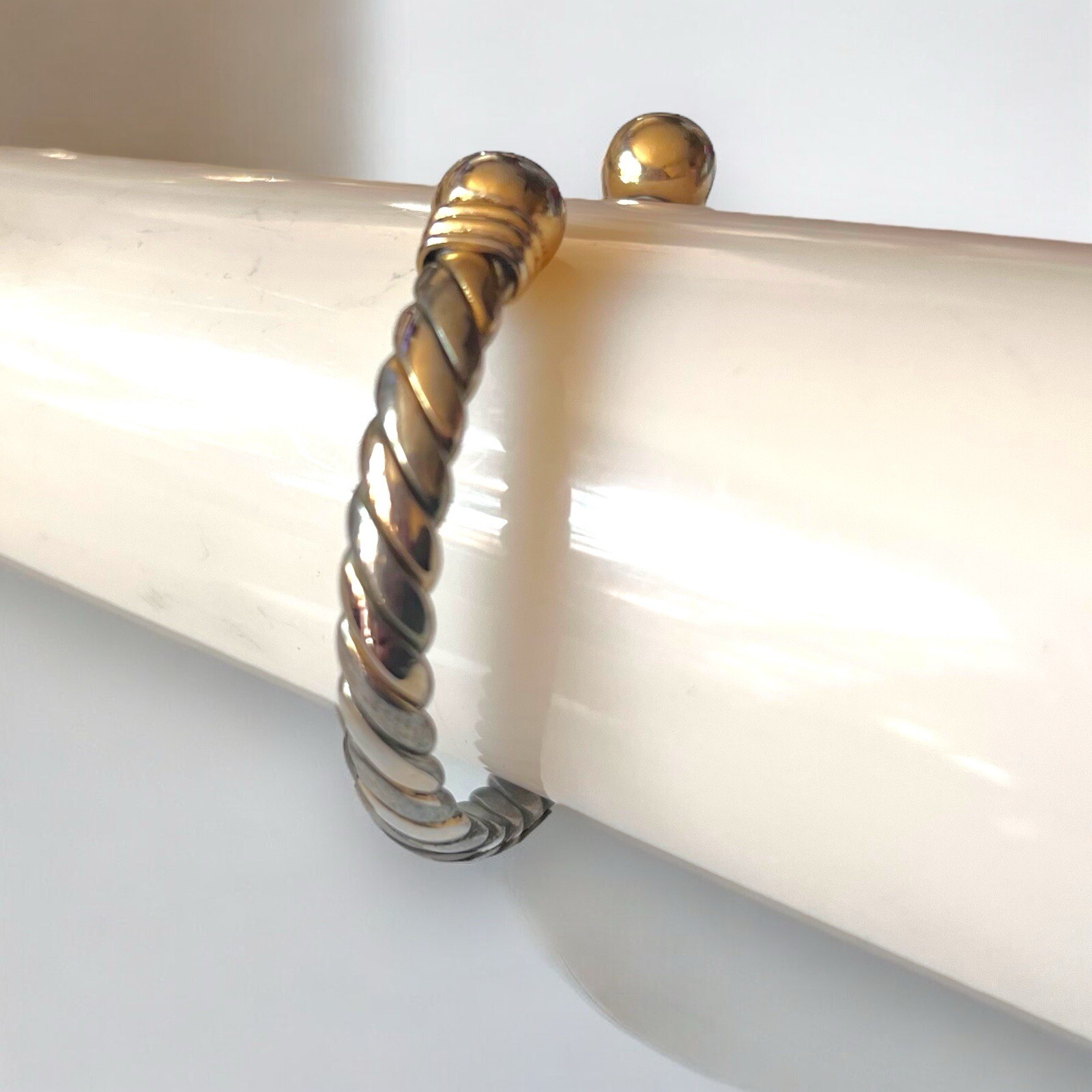 Mixed Metal Cuff Bracelet 7” Silver Gold Tone Flat Link Vintage 1980s Jewelry