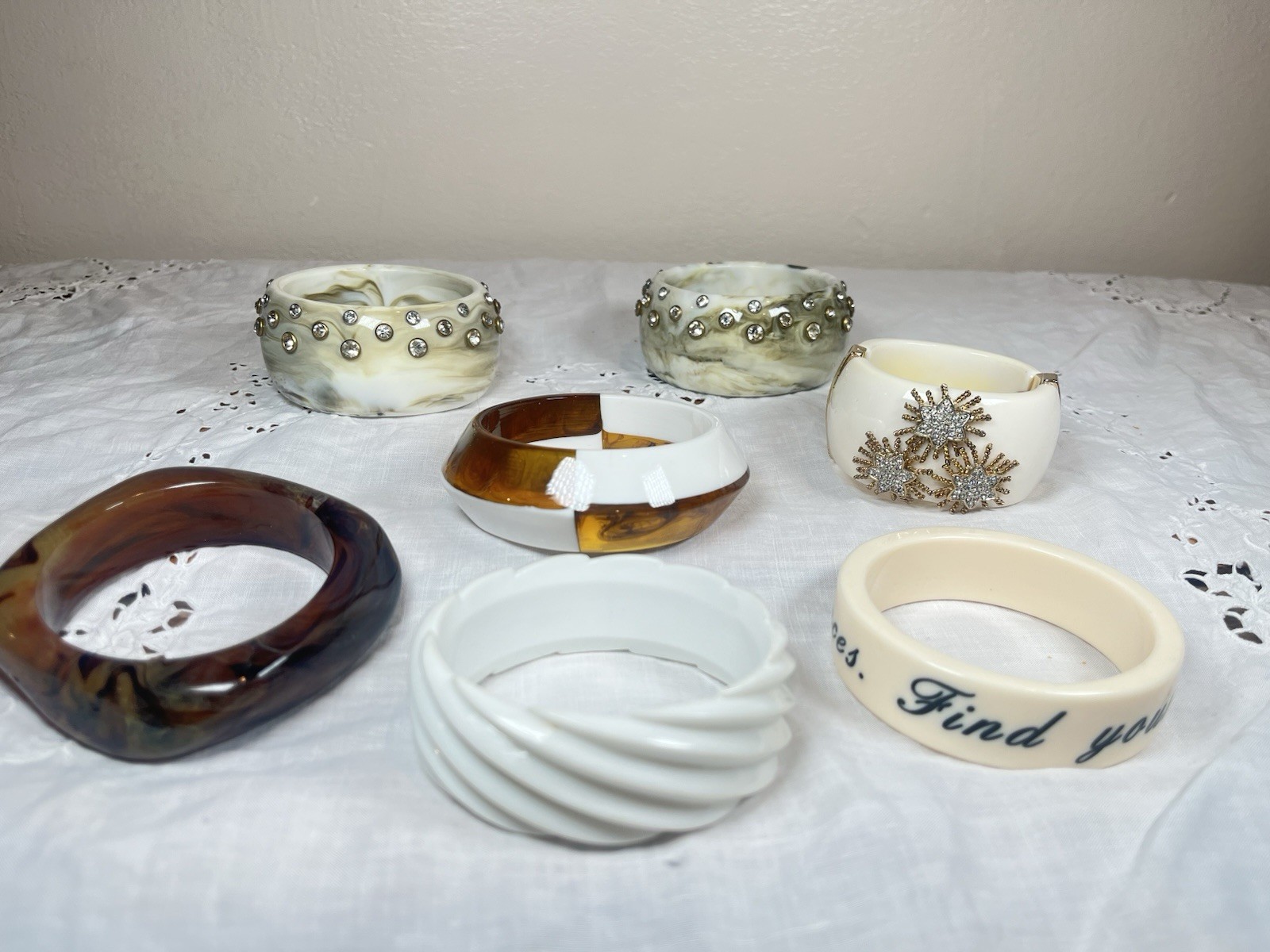 Lot of 7 Chunky Lucite Bangle Bracelets, Clamper, Rhinestones, Earthtones