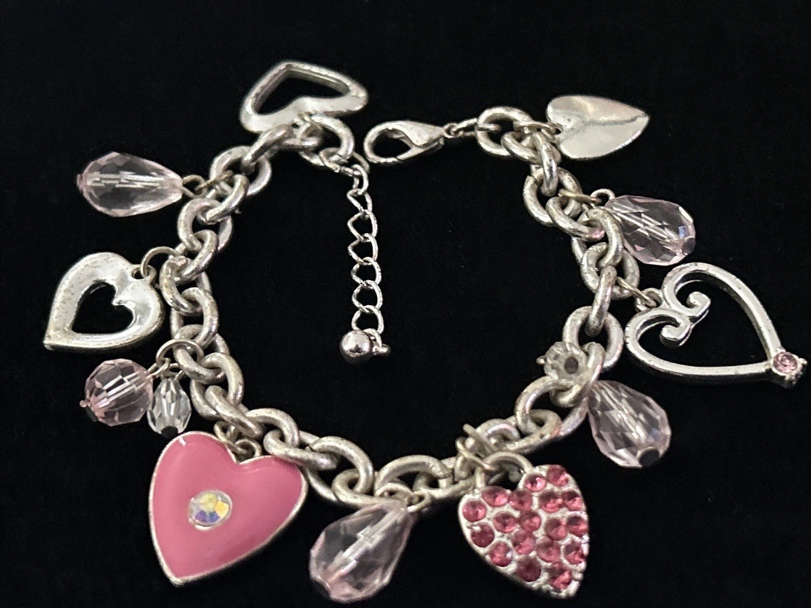 Vintage Silver Tone Heart Charm Bracelet Pink Rhinestone Dangle Lobster 8.5”Adj