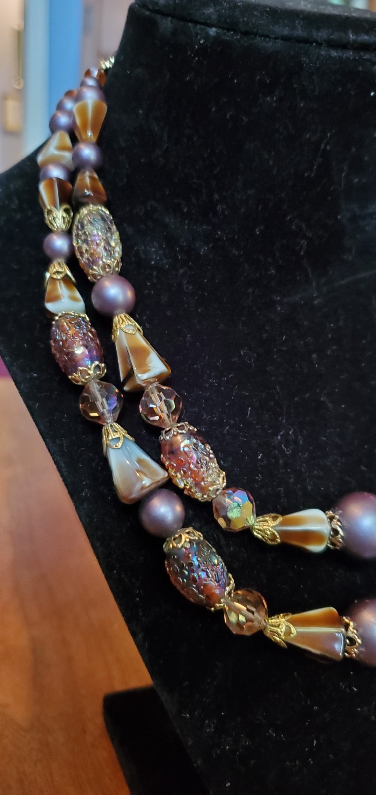 Vtg ART Arthur Pepper Double Strand Venetian Purple Crystal Gold Tone Necklace