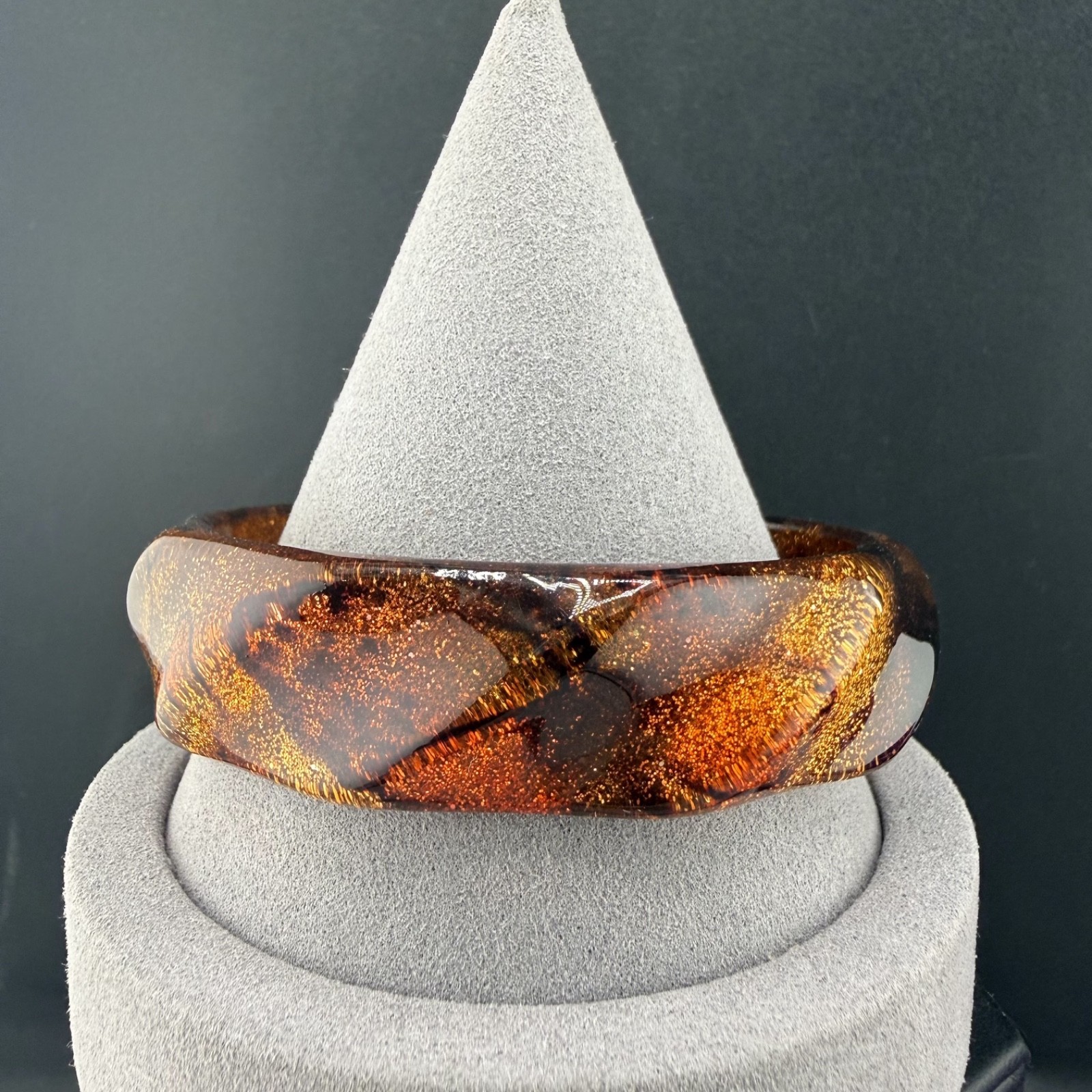 Vintage Chunky Acrylic Bangle Bracelet Glitter Brown Geometric 8.5”