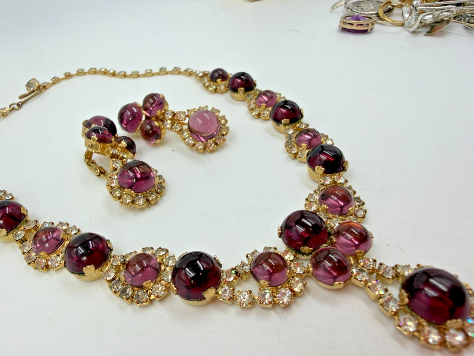 Vintage Necklace Purple Glass Cabochon Clip On Earrings Estate Lot Matching PJ