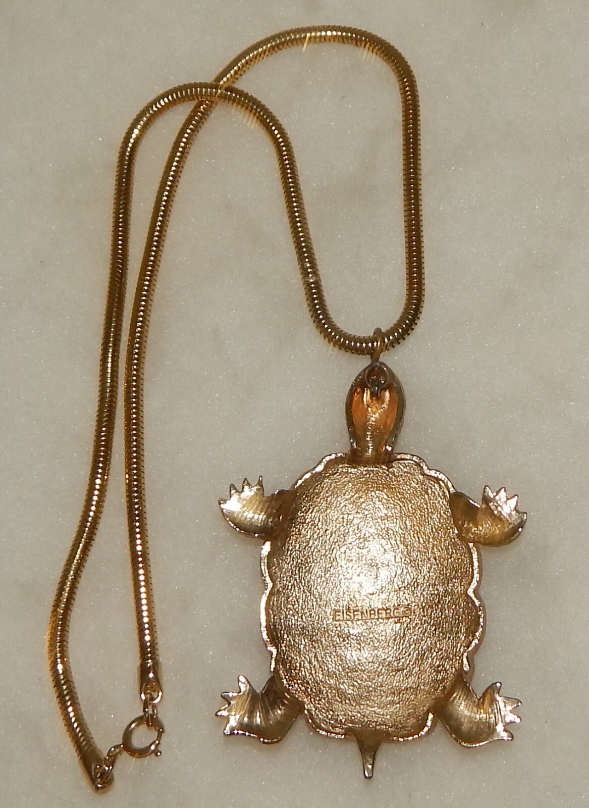 Vintage Eisenberg Signed Large Enameled Turtle Pendant Necklace