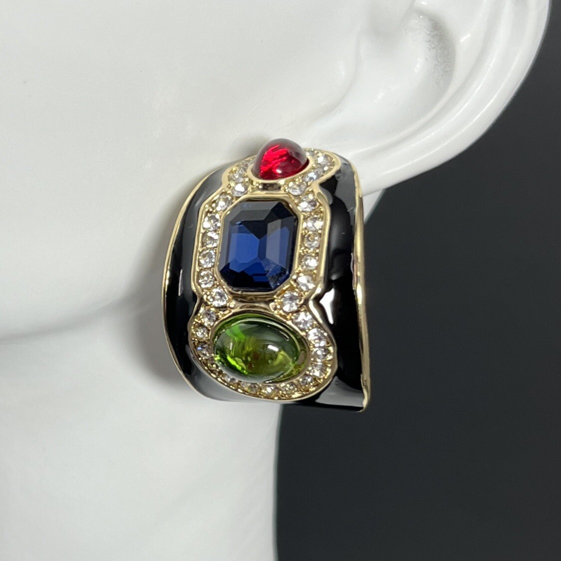 Gripoix Glass Cabochon Earrings Gold Tone Multicolor Half Hoop Huggie Pierced