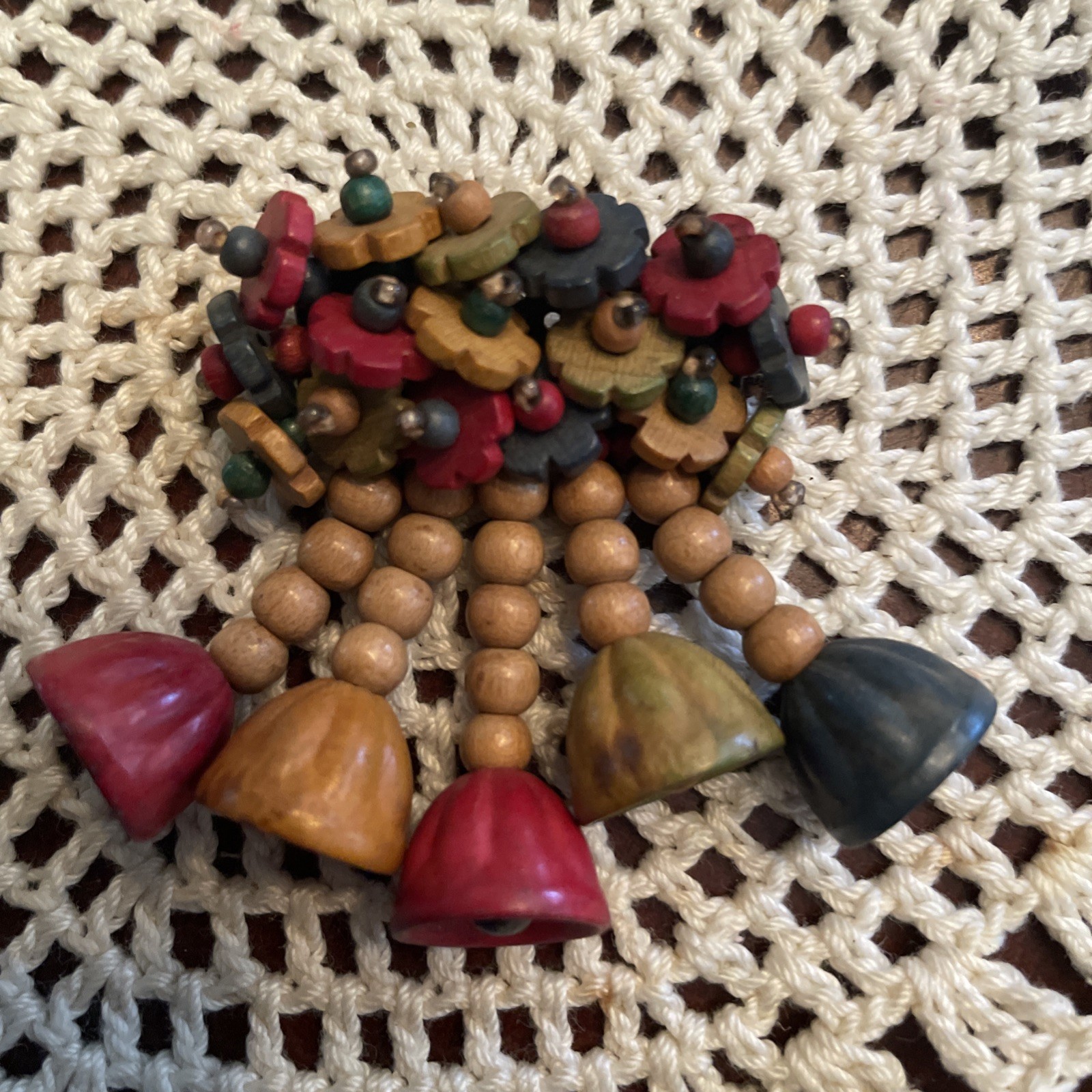 Vintage WWII Miriam Haskell Multicolored Wooden Bell & Flowers Dangle Brooch