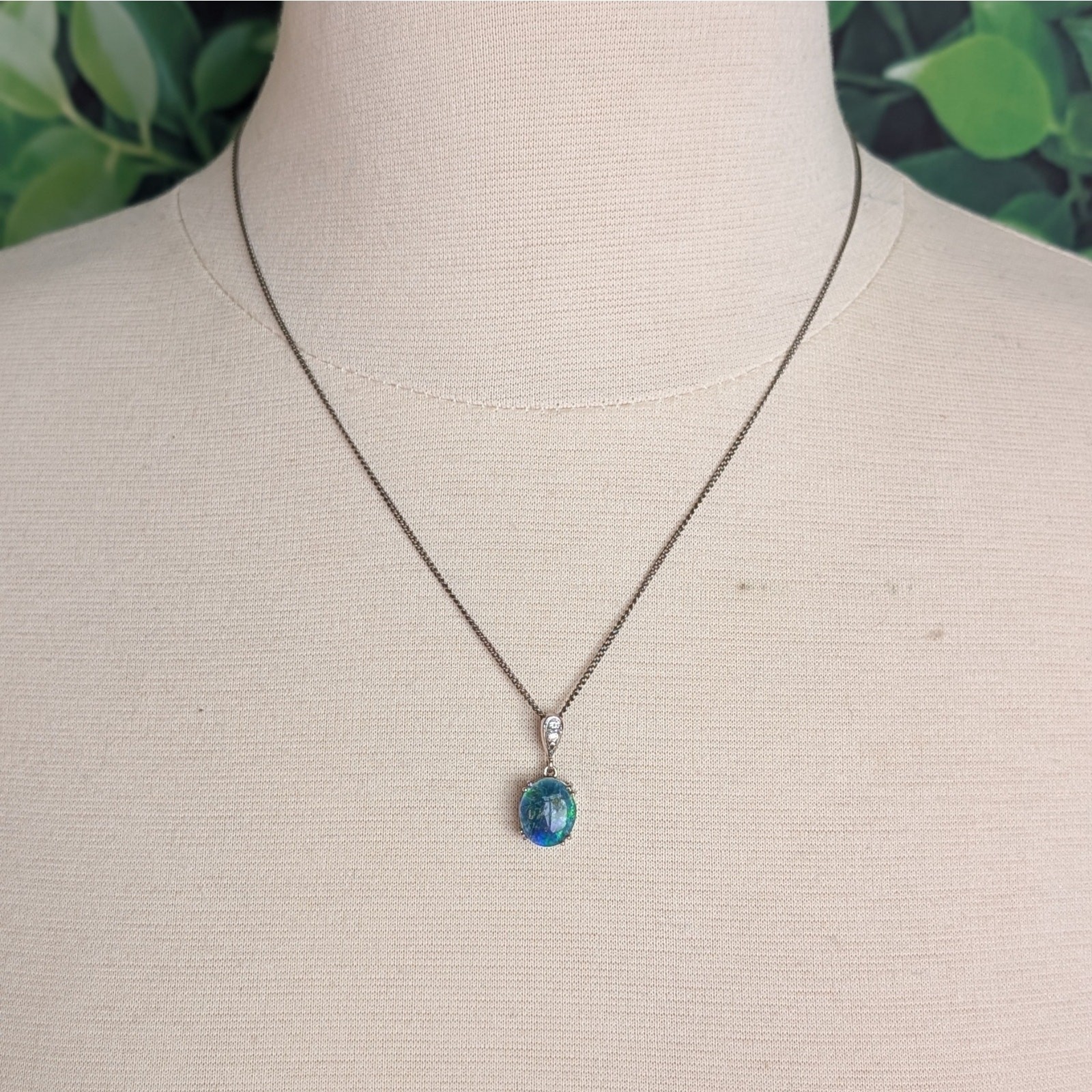 Vintage Blue Opal Sterling Pendant on Chain Oval Faux Diamond Accent Dainty 925