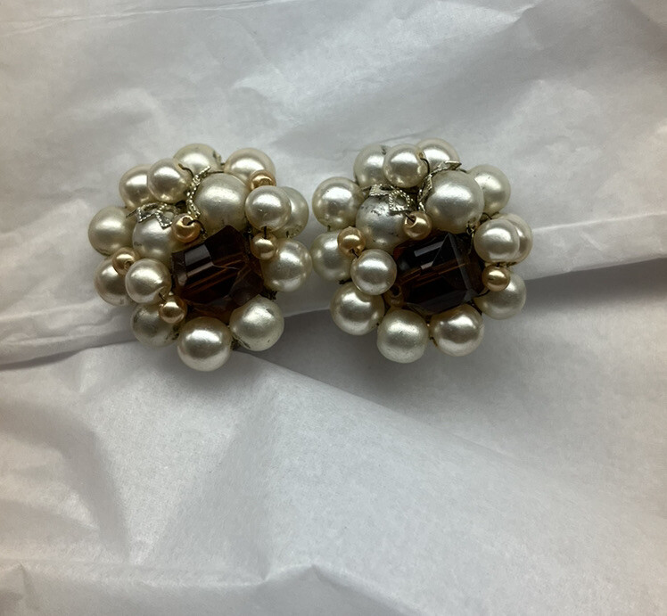Vintage Faux Pearl Clip On Earrings Cluster Round Brown Crystal Japan 1”