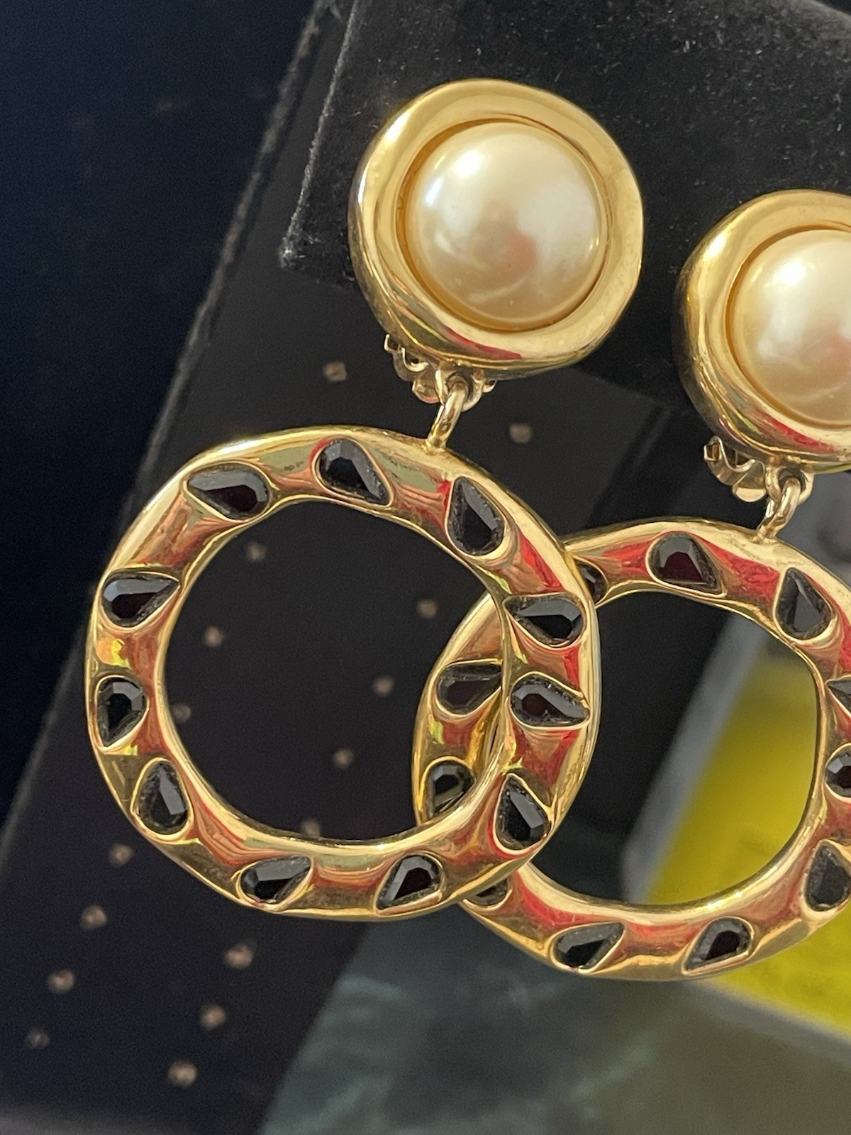 Givenchy Vintage Hoops Earrings Gold Pearl Drop Dangle Black ‘Onyx” Clip Ons