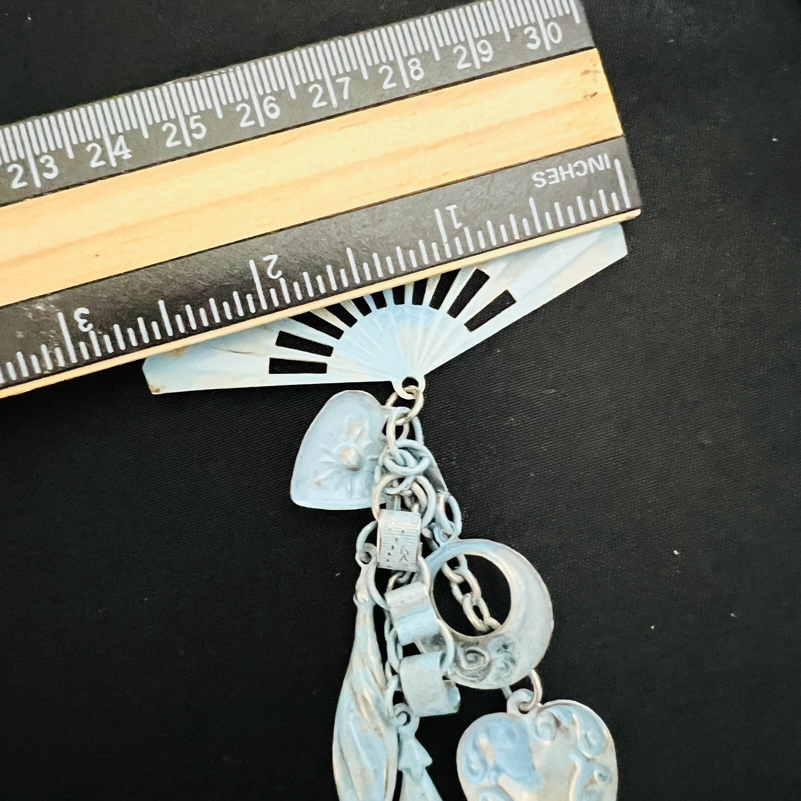 Vintage Enamel Steampunk Whimsical Fan Heart Dangle Chain Brooch Unique 4264