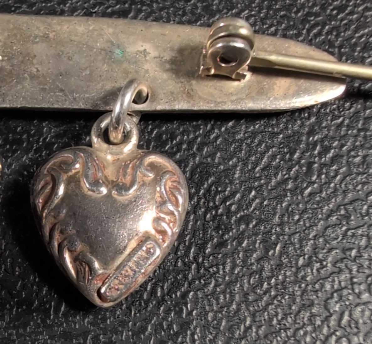 Bar Brooch Flowers &Scroll Design – Hearts and Basket Dangles – Sterling – Vtg