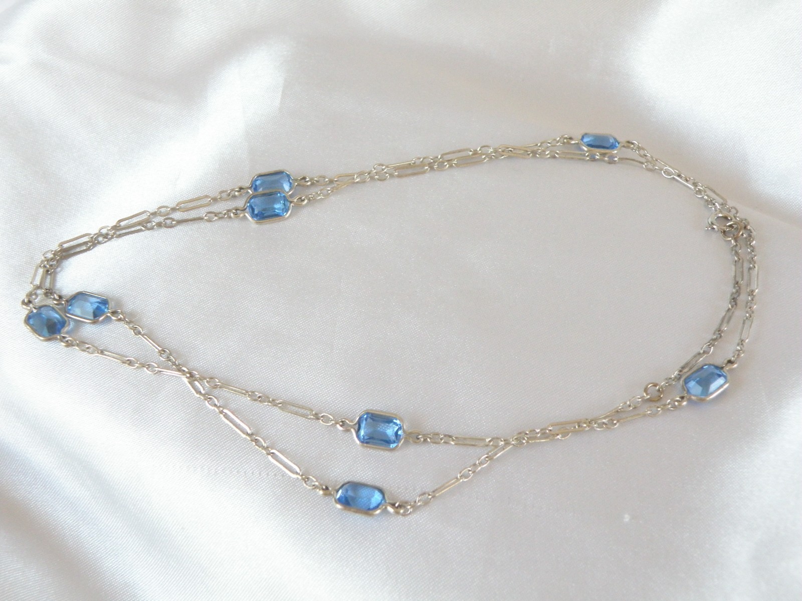 Antique Sterling Silver 925 Blue Gemstone Station Vintage Paperclip Necklace 25″