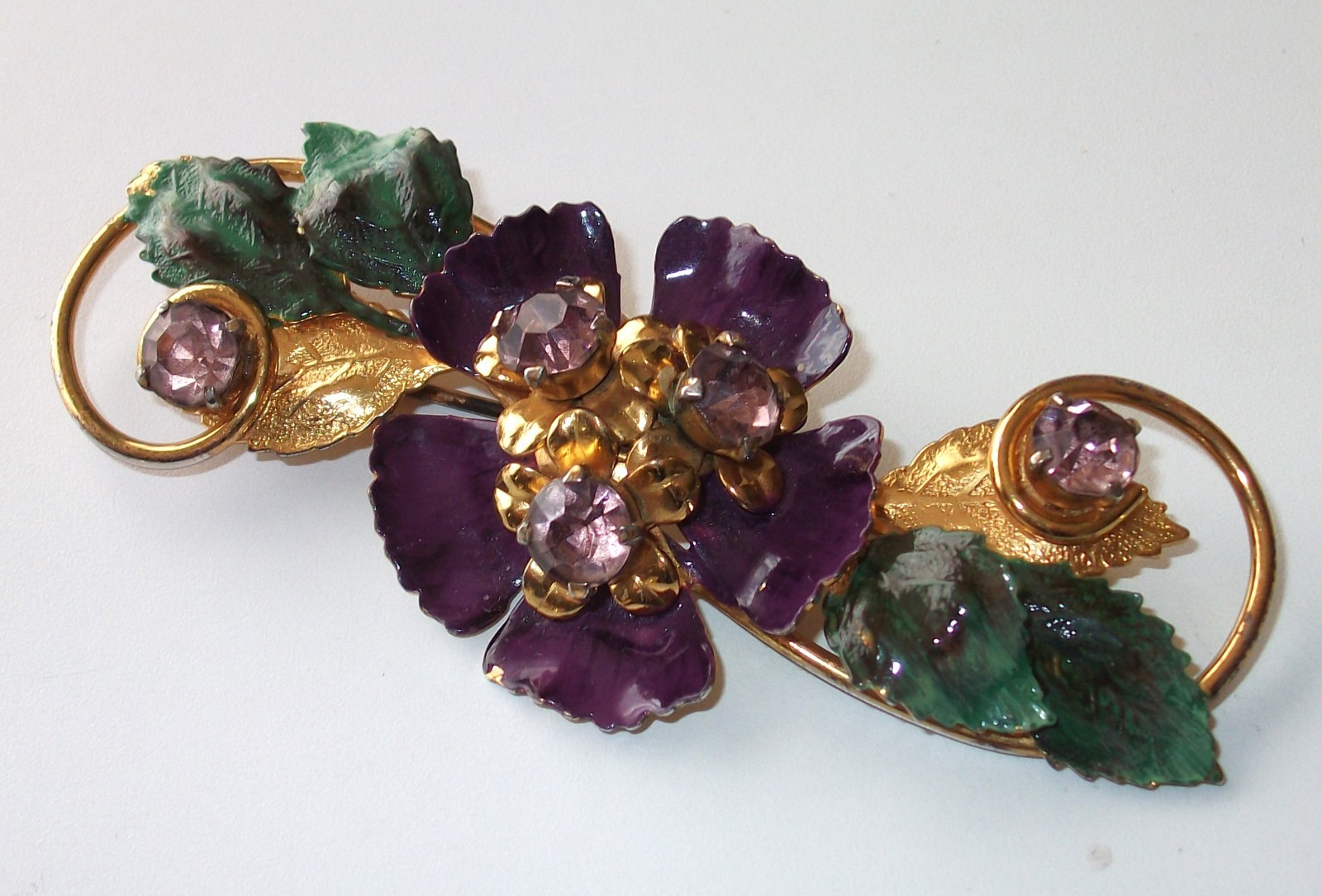 Lg.Sterling silver,Gold tone,enamel,vintage brooch,flower,purple,crystals,