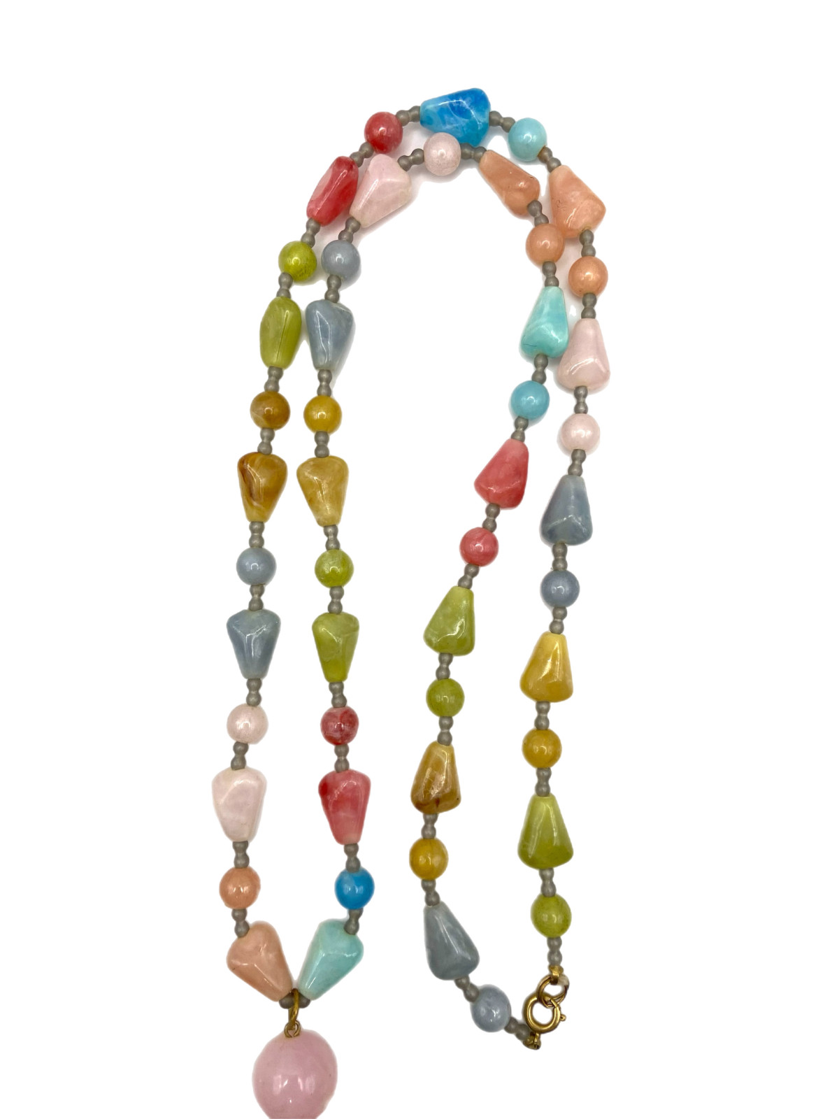 Vintage Chunky Pastel Multi-Color Beaded Tassel Pendant Necklace Plastic 30″