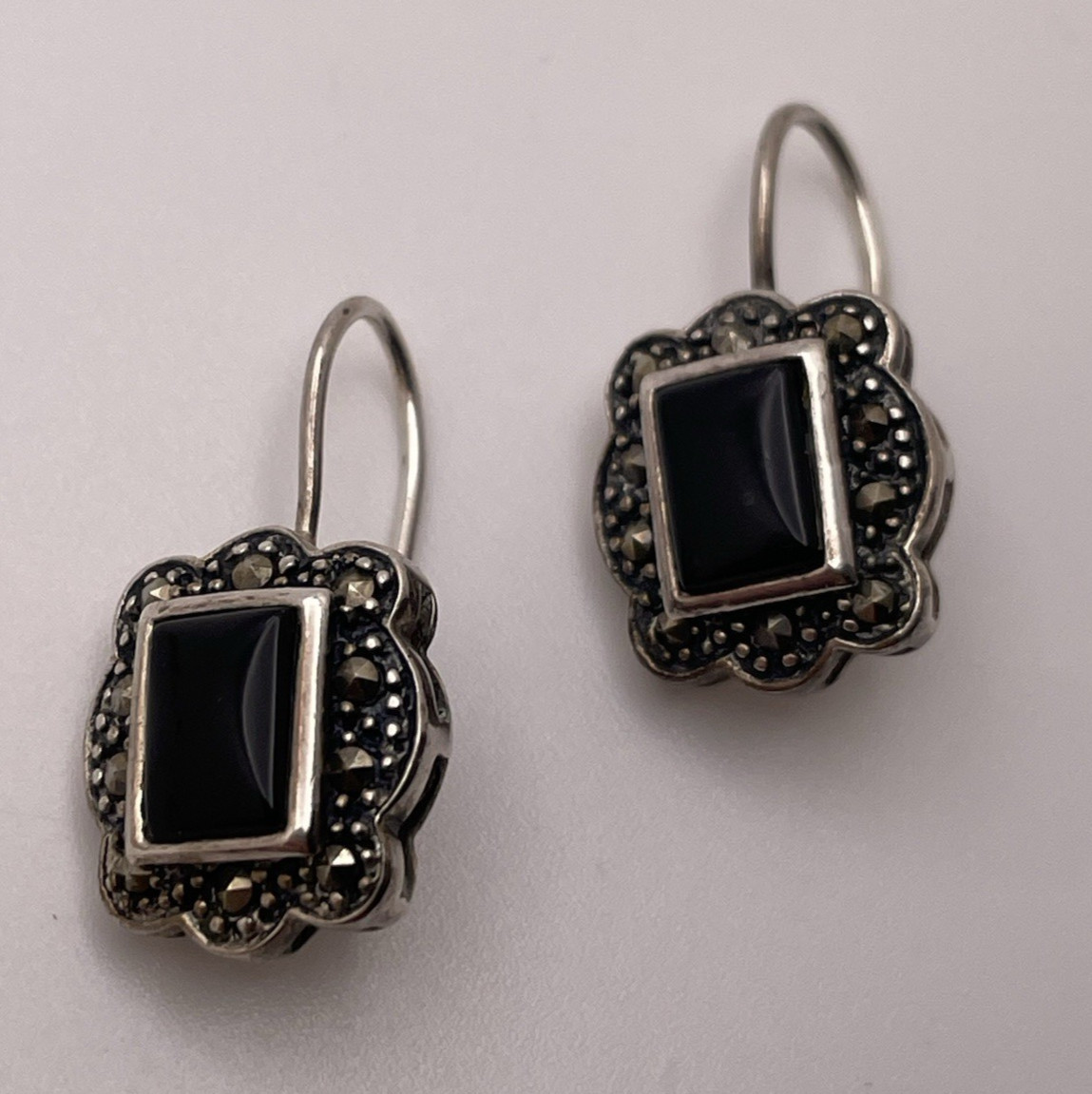 Vintage Sterling Silver 925 Onyx Marcasite Hook Earrings Dee Berkley DBJ 7/8”