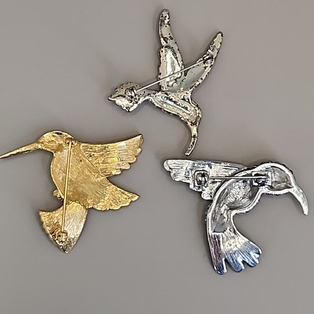 Hummingbird Brooch Lot of 3 Blue Rhinestones Enamel 1.5-2″