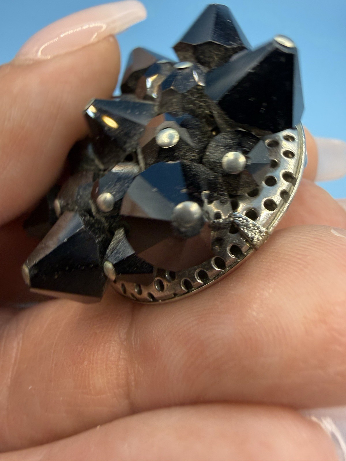 Vintage Black Faceted Glass Flower Star Pin Brooch 1 1/2 inches Across