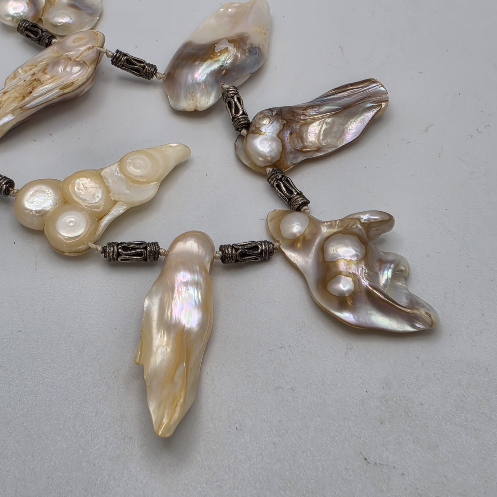 Vtg Blister Pearl Shell Necklace Statement Fringe Sterling Bali Bead