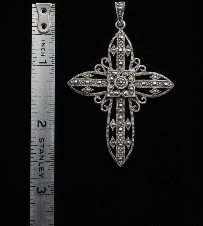Vintage 925 Sterling Silver Marcasite Cross Pendant Gothic Victorian Style