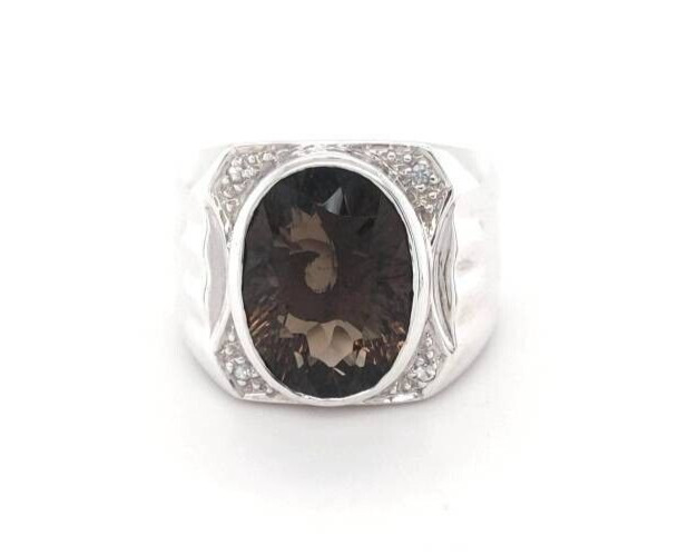 BROWN TOPAZ AND DIAMOND RING SIZE 10 STERLING SILVER 15 GRAMS MENS APPROX. 12 CT