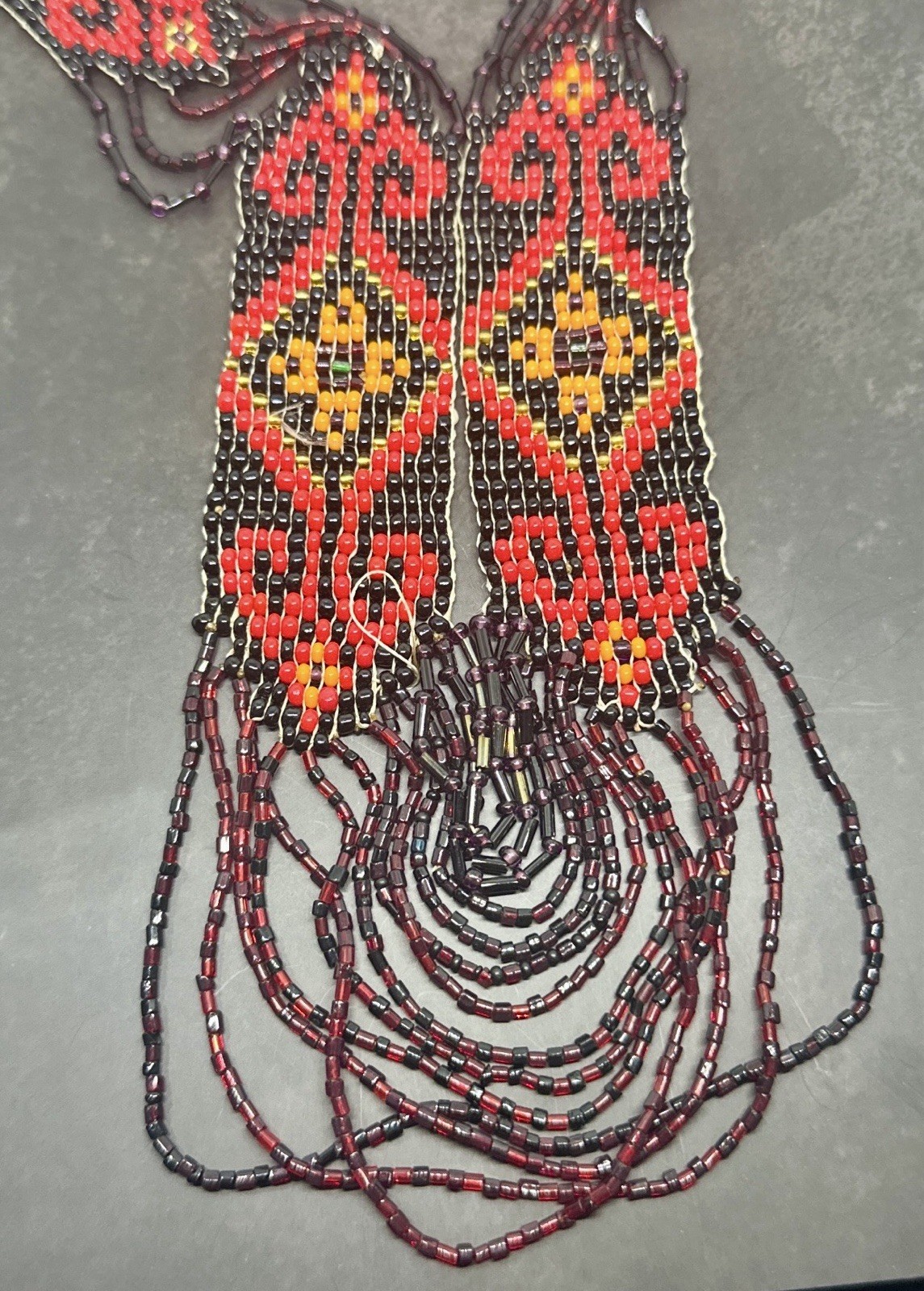 Red Black Seed Bead Necklace Multi Strand Tribal Boho Fringe Bib
