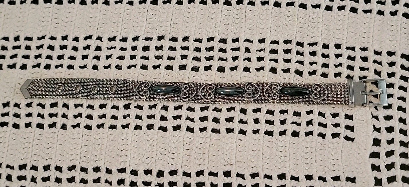 Vtg Silver Tone Mesh Chain Belt Bracelet Dark Gray Accent Adjustable 1960s