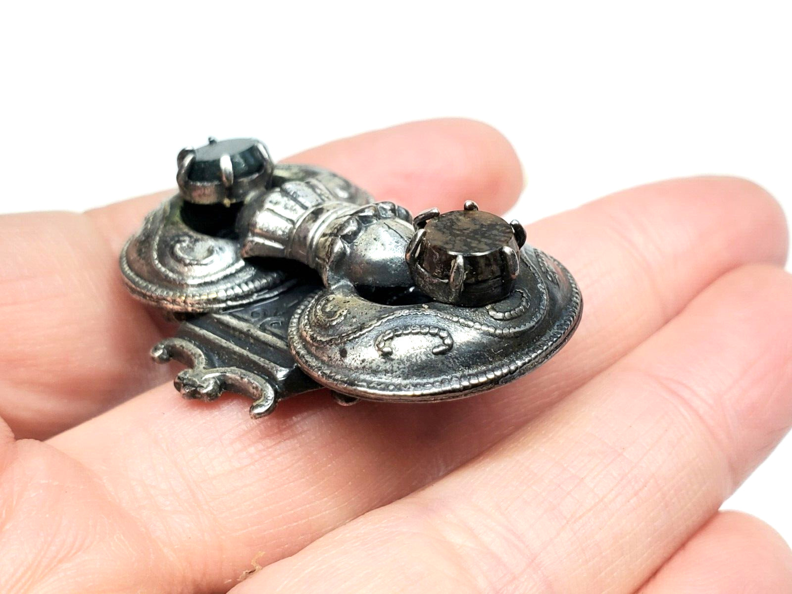 Vintage Filigree Agate Bloodstone Silver Plated Etruscan or Celtic Brooch Pin