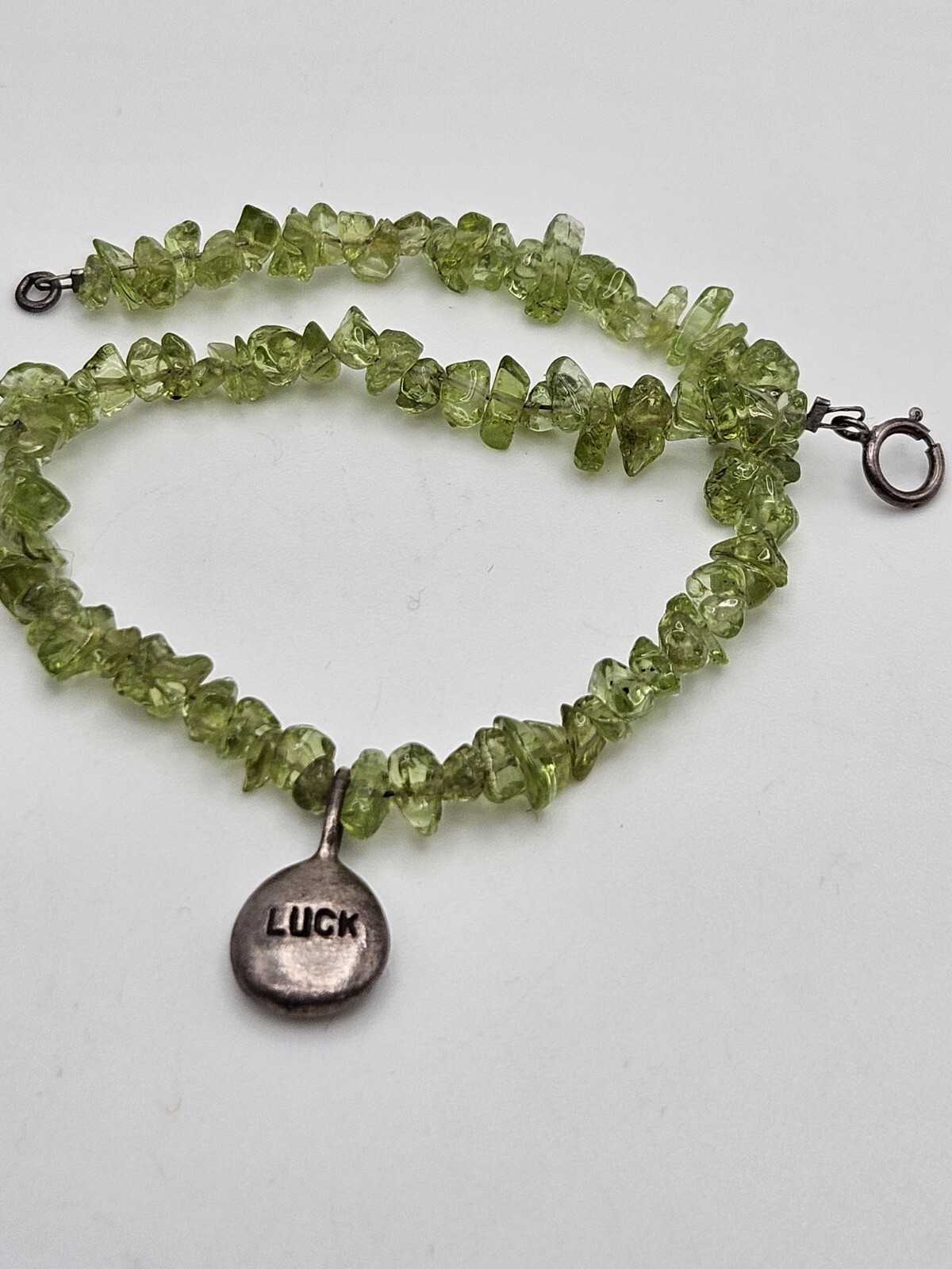 Vintage Sterling Silver Luck Small Charm Peridot Chip Bead Bracelet