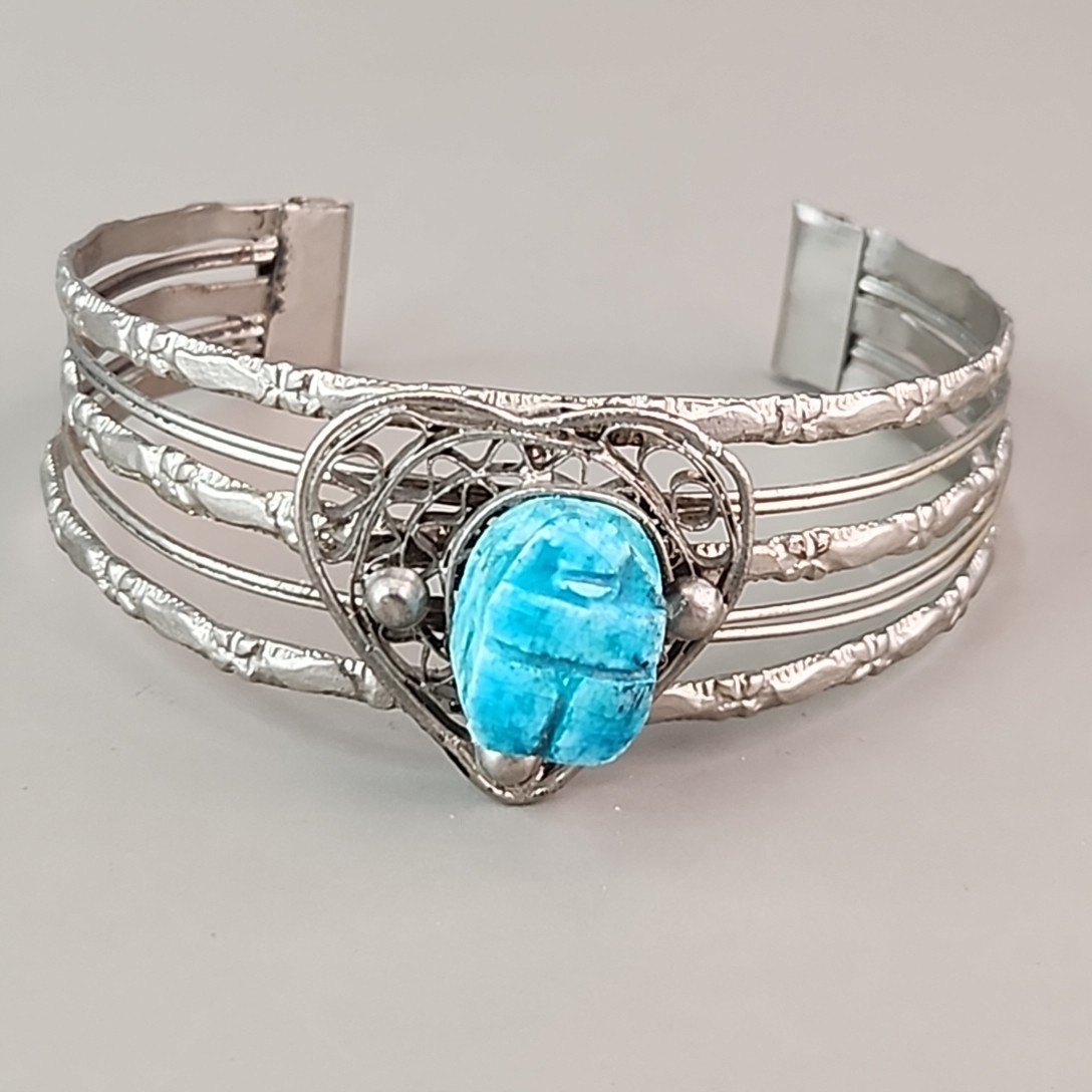Scarab Cuff Bracelet Faience Blue Clay Wire Heart Silver Tone 7.75″