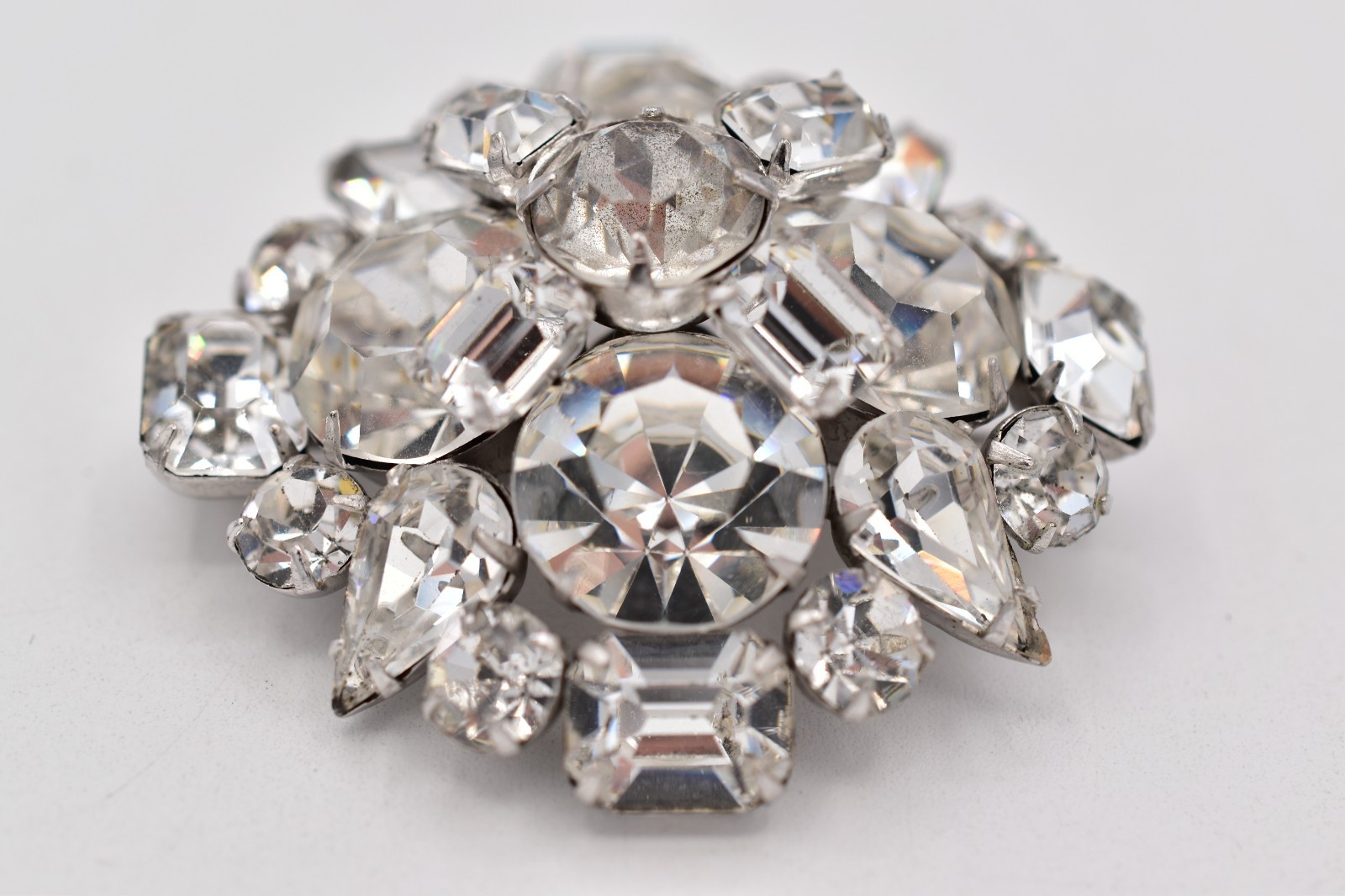 Vintage Clear Rhinestone Cluster Brooch Pin Silver Prong Baguette Crystal BinBP