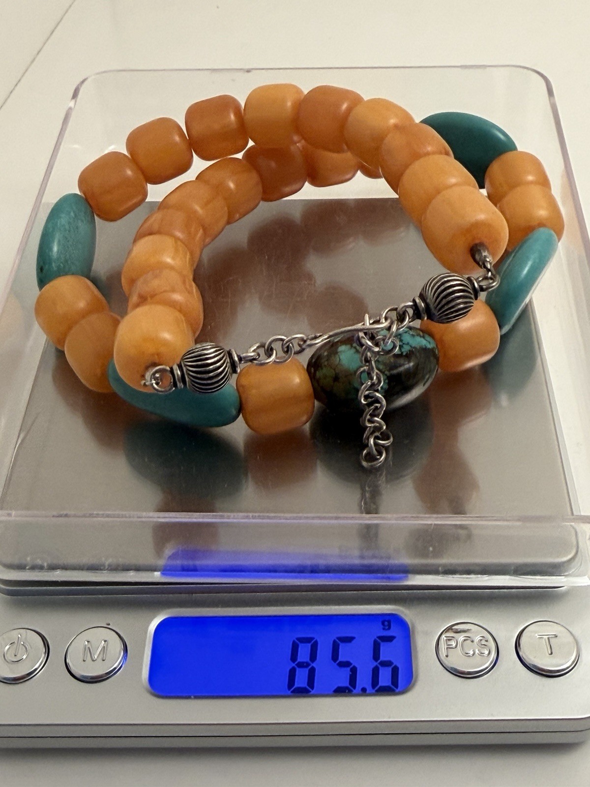 Vtg 925 Sterling Butterscotch Bakelite 17” Necklace BarrelBeads 1cm Tested 85.6g