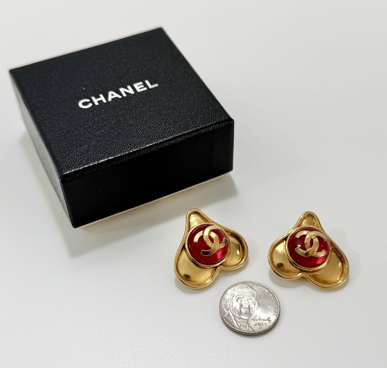 Chanel Heart 95P Gold Red CC Runway Vintage Rare Color Earrings Coco Mark 1995