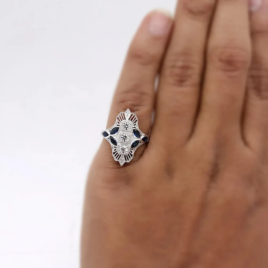 Edwardian 0.35CT Round Cut Three Stone Moissanite & Sapphire Dinner Wedding Ring