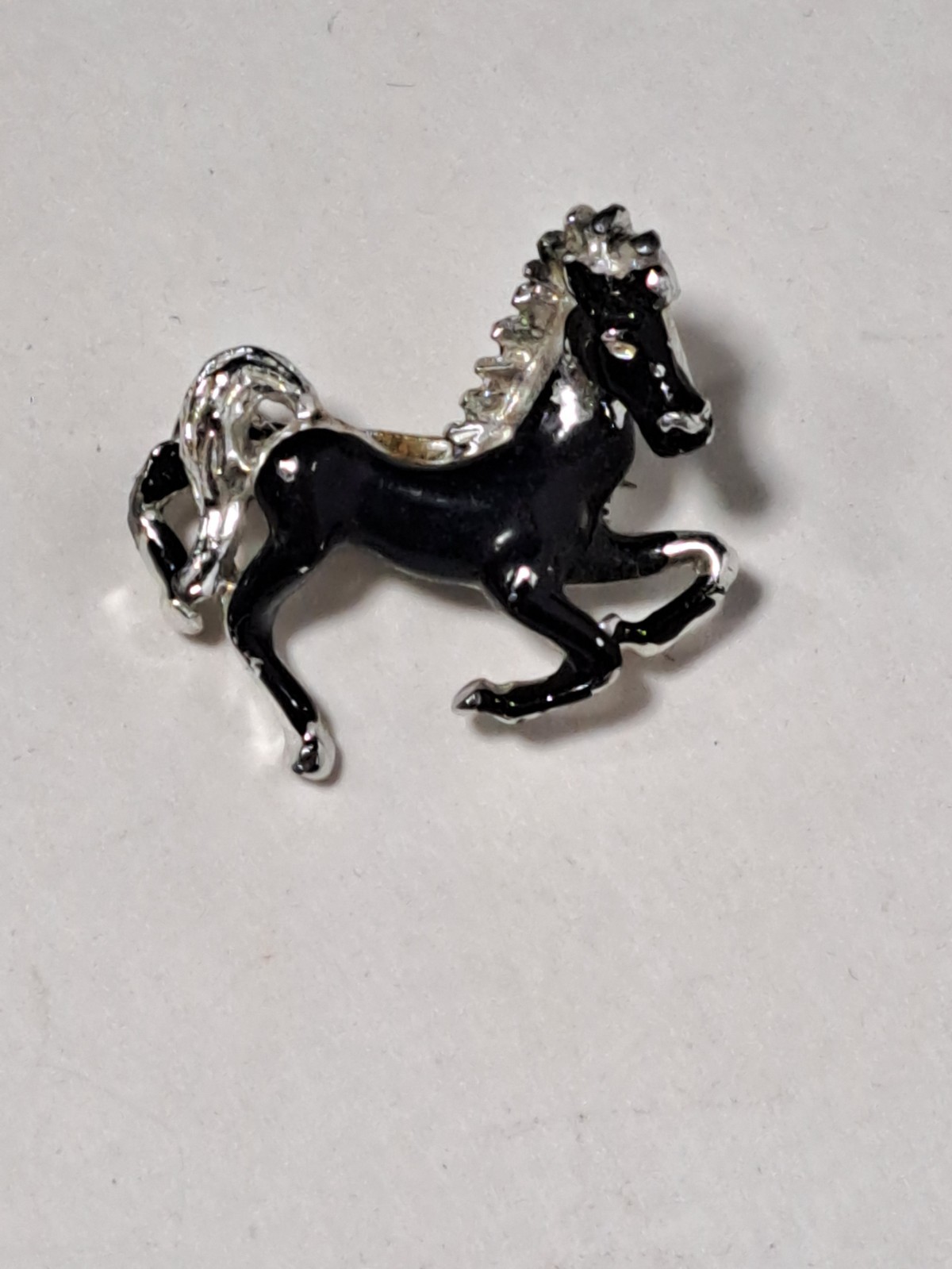 Vintage Black Running Horse Silver Tone Enamel Pin