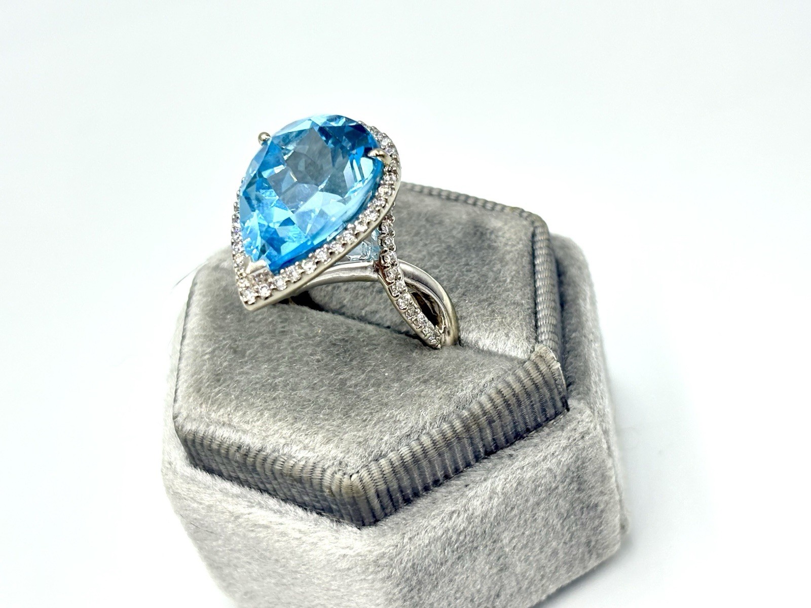 14K White Gold Pear Shape Blue Topaz Diamond Halo Ring