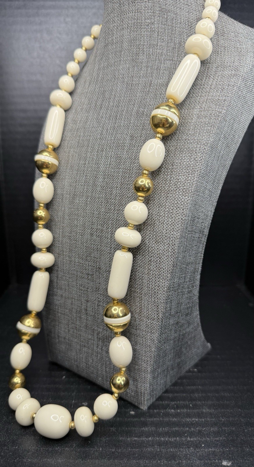Vintage Trifari Glass Beaded Off White with Gold Chunky Statement Necklace