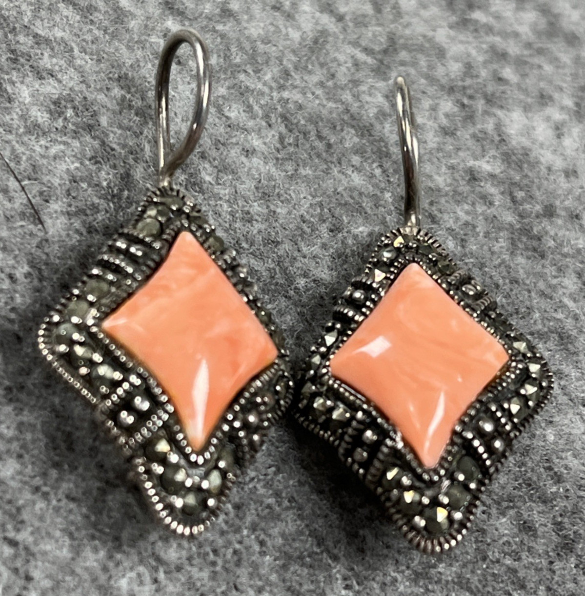 A 925 Vintage Sterling Silver 925 Marcasite Faux Coral Dangle Earrings 6.9g