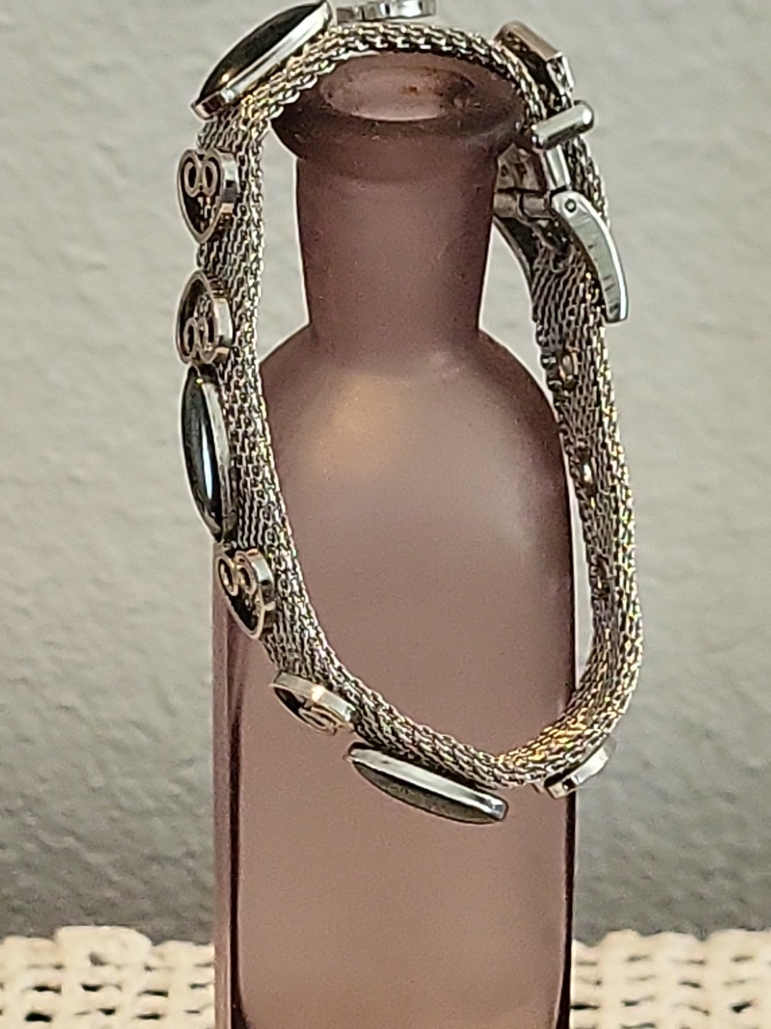 Vtg Silver Tone Mesh Chain Belt Bracelet Dark Gray Accent Adjustable 1960s