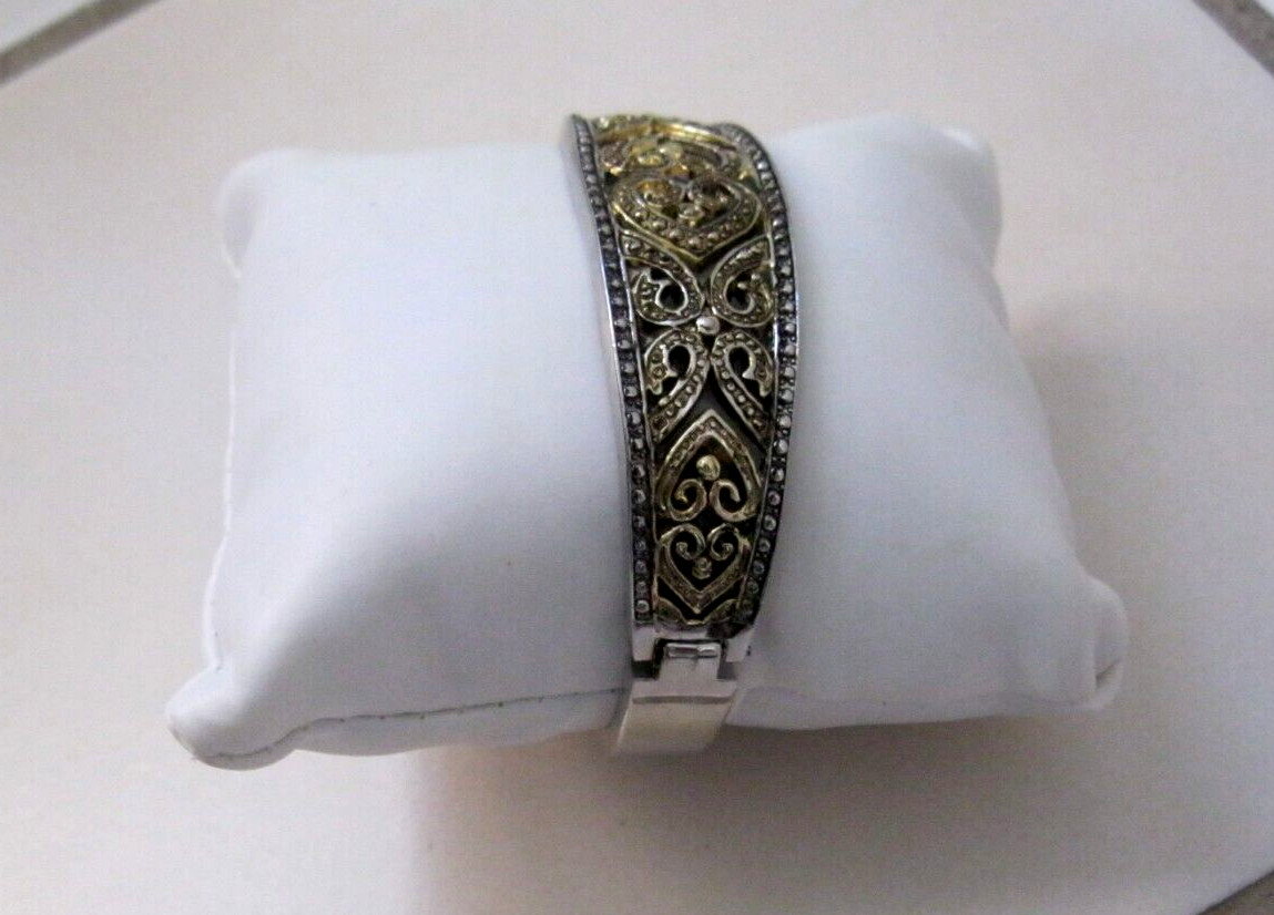 CATO Filigree Hearts Silver & Gold Tone Cuff Open Bracelet Spring Hinge Ends