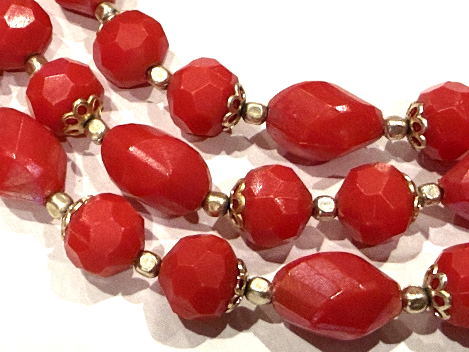 HONG KONG RED LUCITE GOLD BEADS 3 STRAND NECKLACE CLUSTER CLIP EARRINGS SET MCM