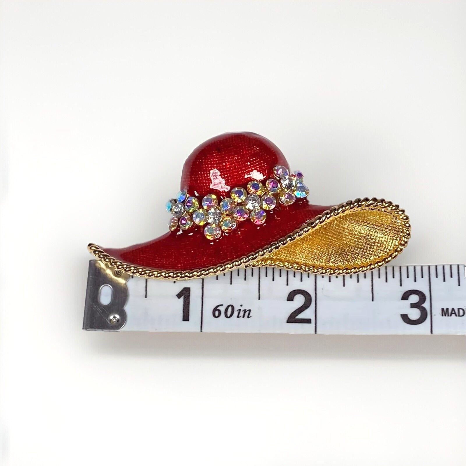 Vintage Red Hat Brooch Aurora Borealis Gold Tone Rhinestone Flower Enameled Pin